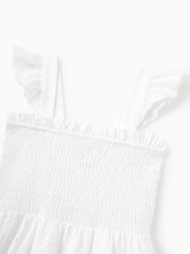 Matching Mom & Me Cotton Dress Eyelet Smocked Dresses with Ruffled Straps, Perfect for Summer Outings & Family Photos White