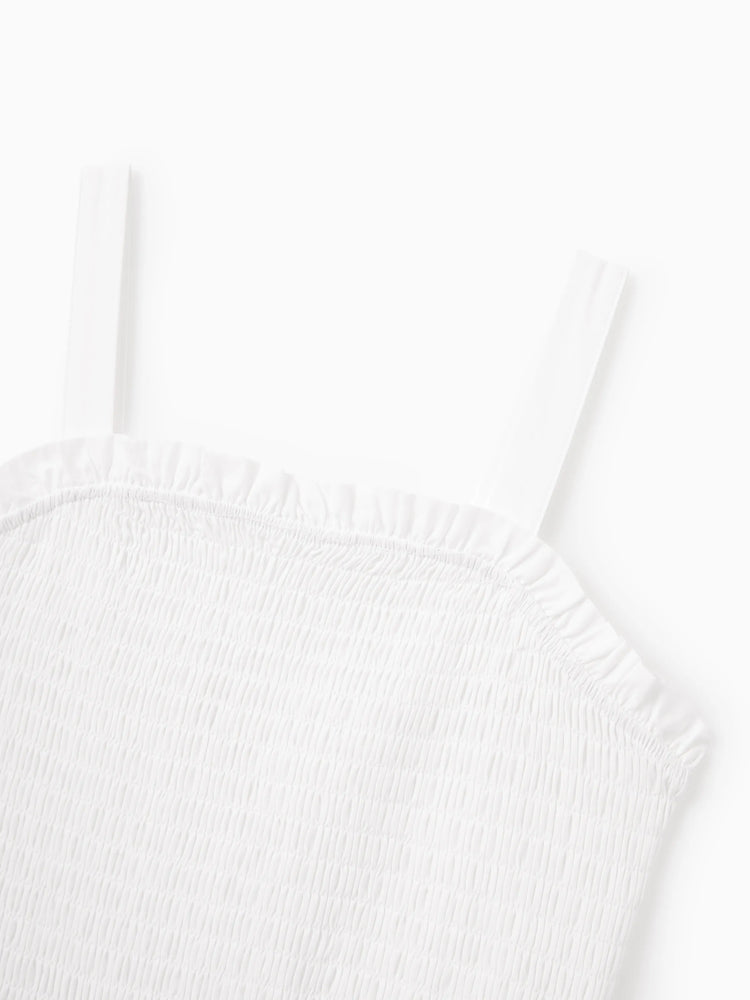 Matching Mom & Me Cotton Dress Eyelet Smocked Dresses with Ruffled Straps, Perfect for Summer Outings & Family Photos White