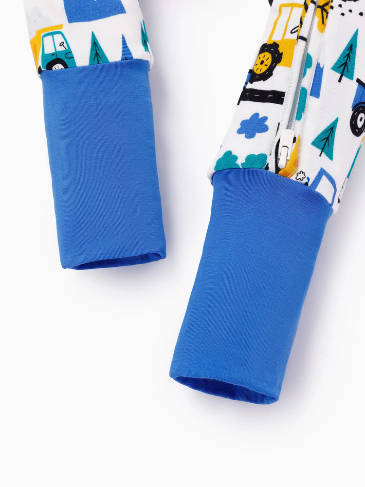 Bamboo Baby Boy/Girl Cartoon Printed 2-Way Zip Onesies Anti Slip Long-sleeve Footie Blue