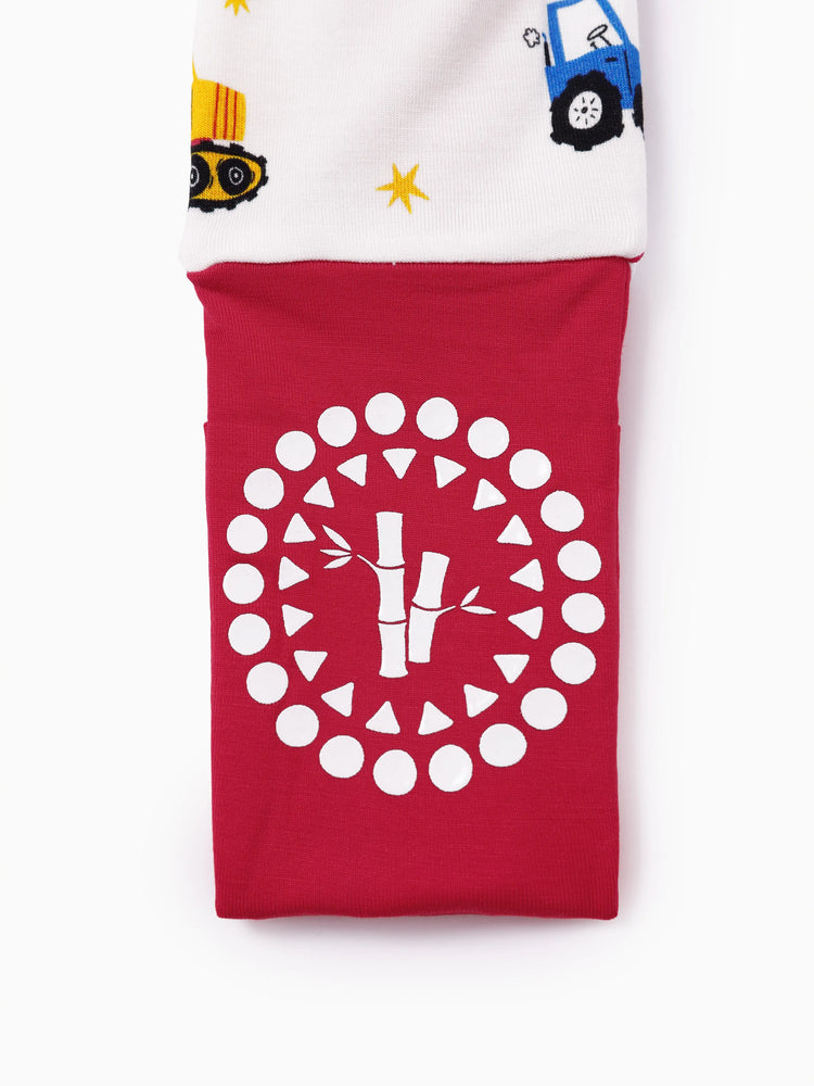 Bamboo Baby Boy/Girl Cartoon Printed 2-Way Zip Onesies Anti Slip Long-sleeve Footie Red