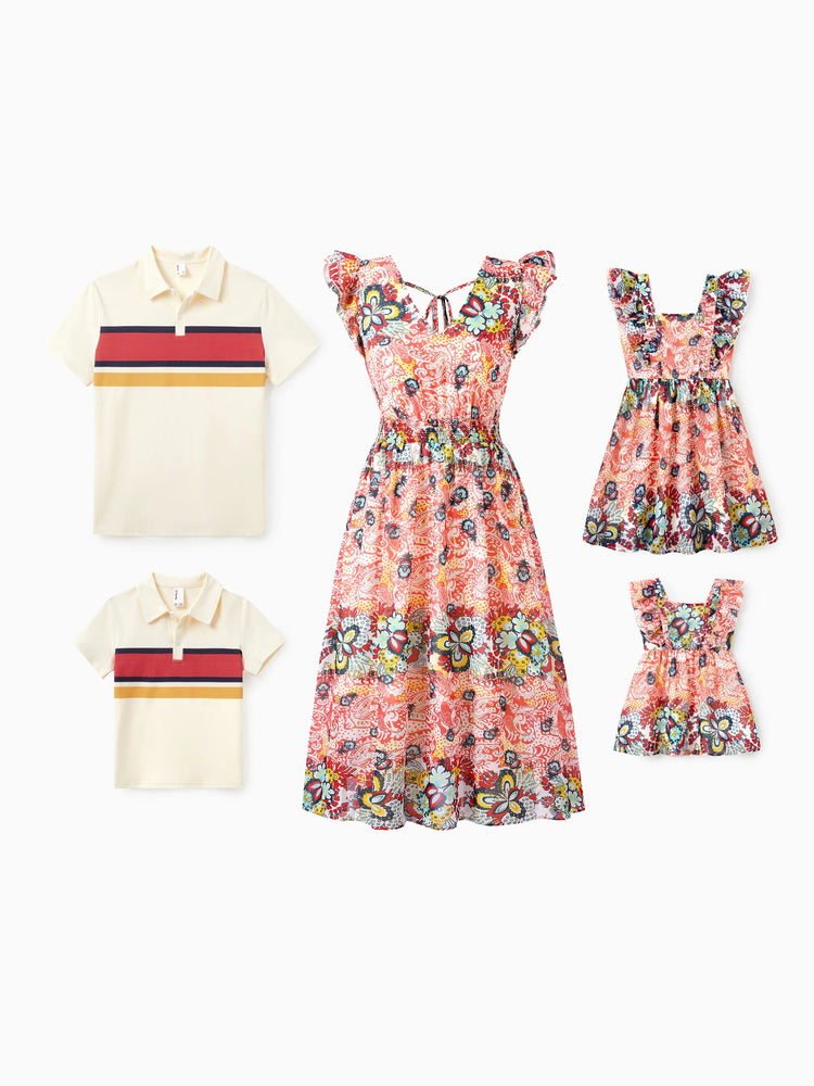 Mommy & me Casual Outfit Colorblock Polo Collar T-shirt or Floral Print Flutter Sleeveless Dress Set Orange red