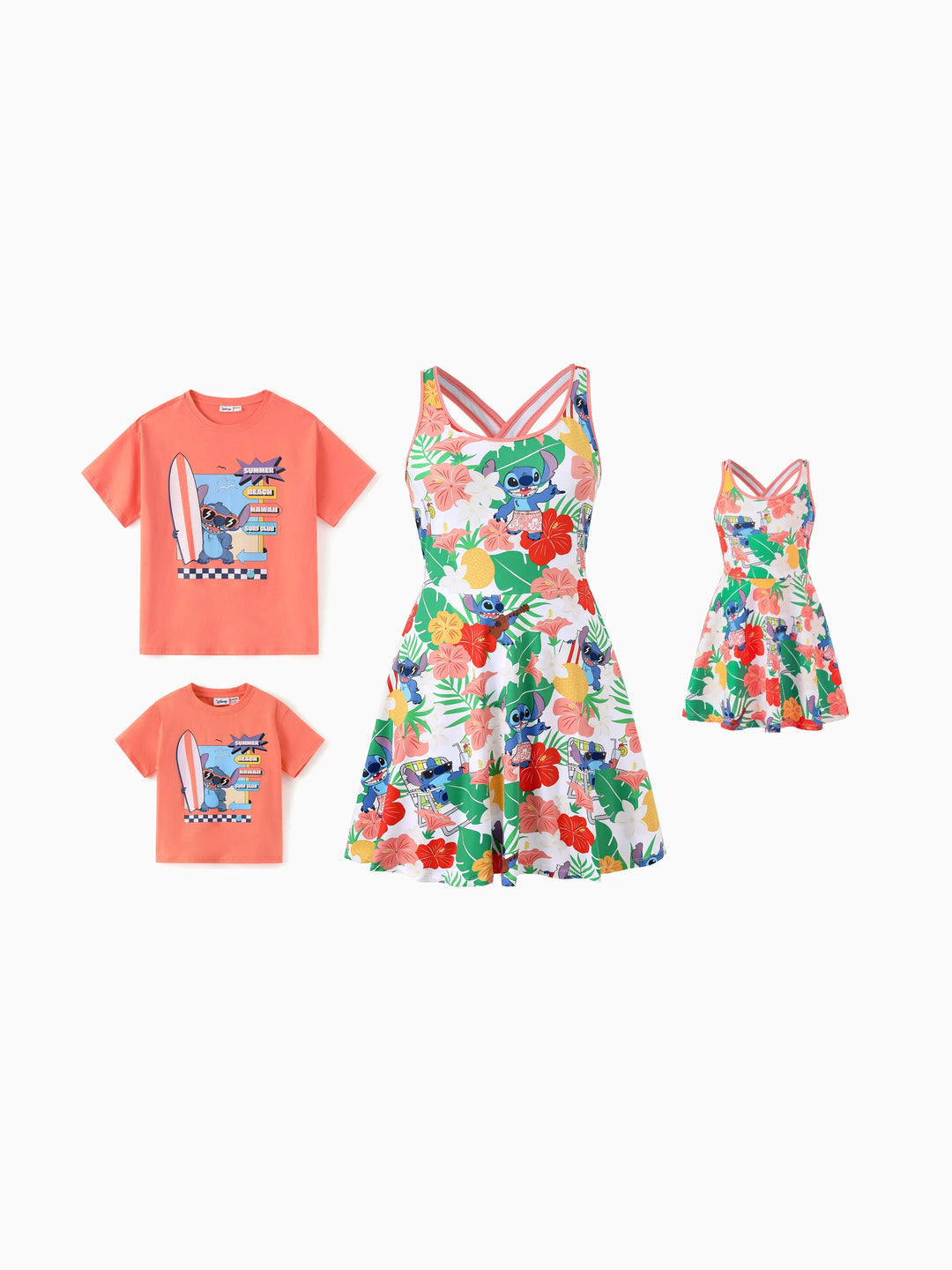 Disney Stitch Daddy & Daughter Tropical Floral Sporty Dress with Built-in Shorts & Pockets/ Cotton Top Multi-color