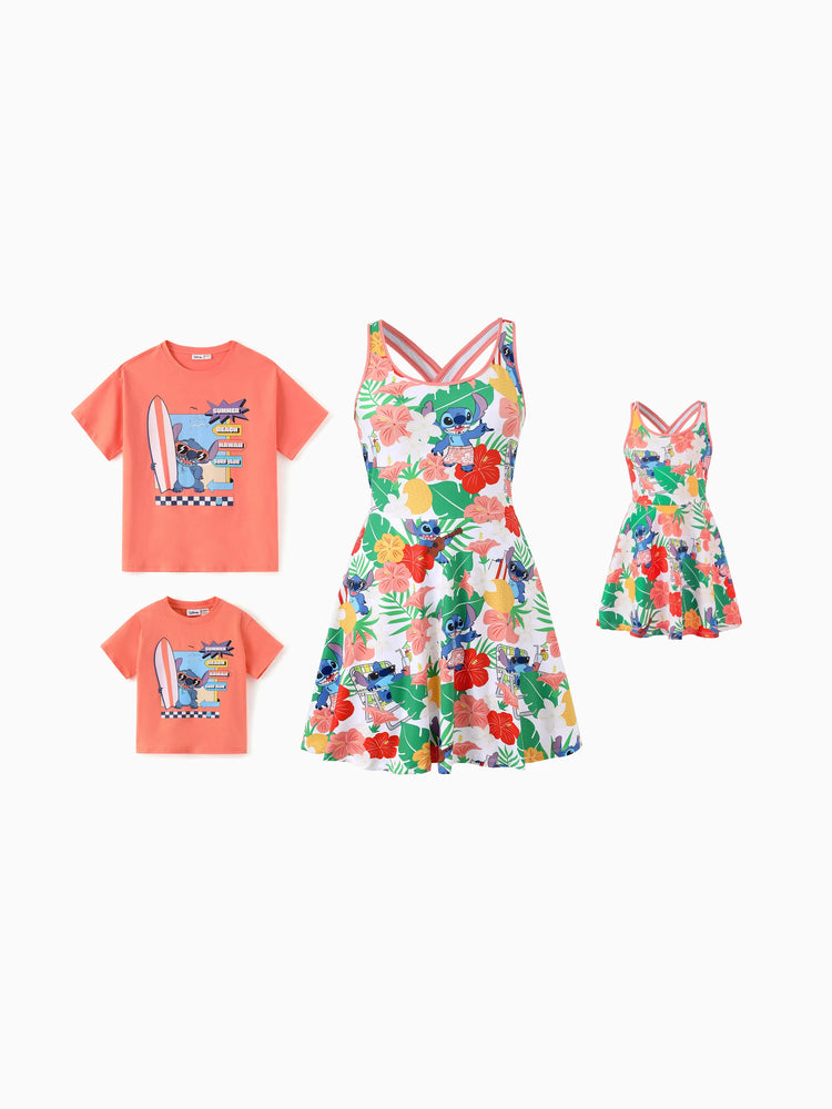 Disney Stitch Daddy & Daughter Tropical Floral Sporty Dress with Built-in Shorts & Pockets/ Cotton Top Multi-color
