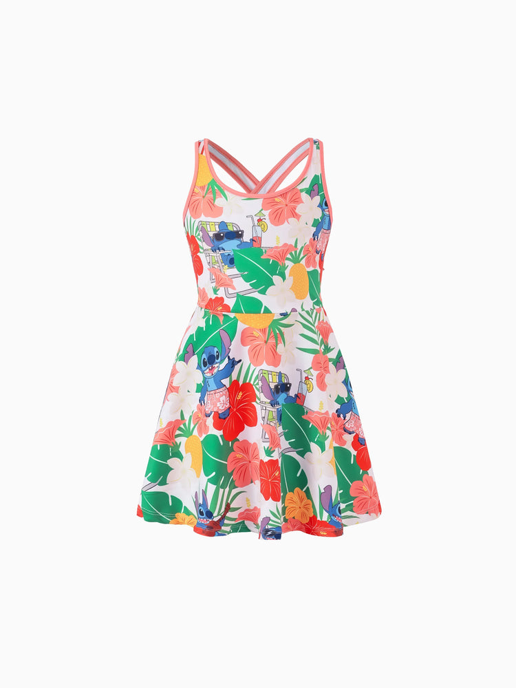 Disney Stitch Daddy & Daughter Tropical Floral Sporty Dress with Built-in Shorts & Pockets/ Cotton Top Multi-color