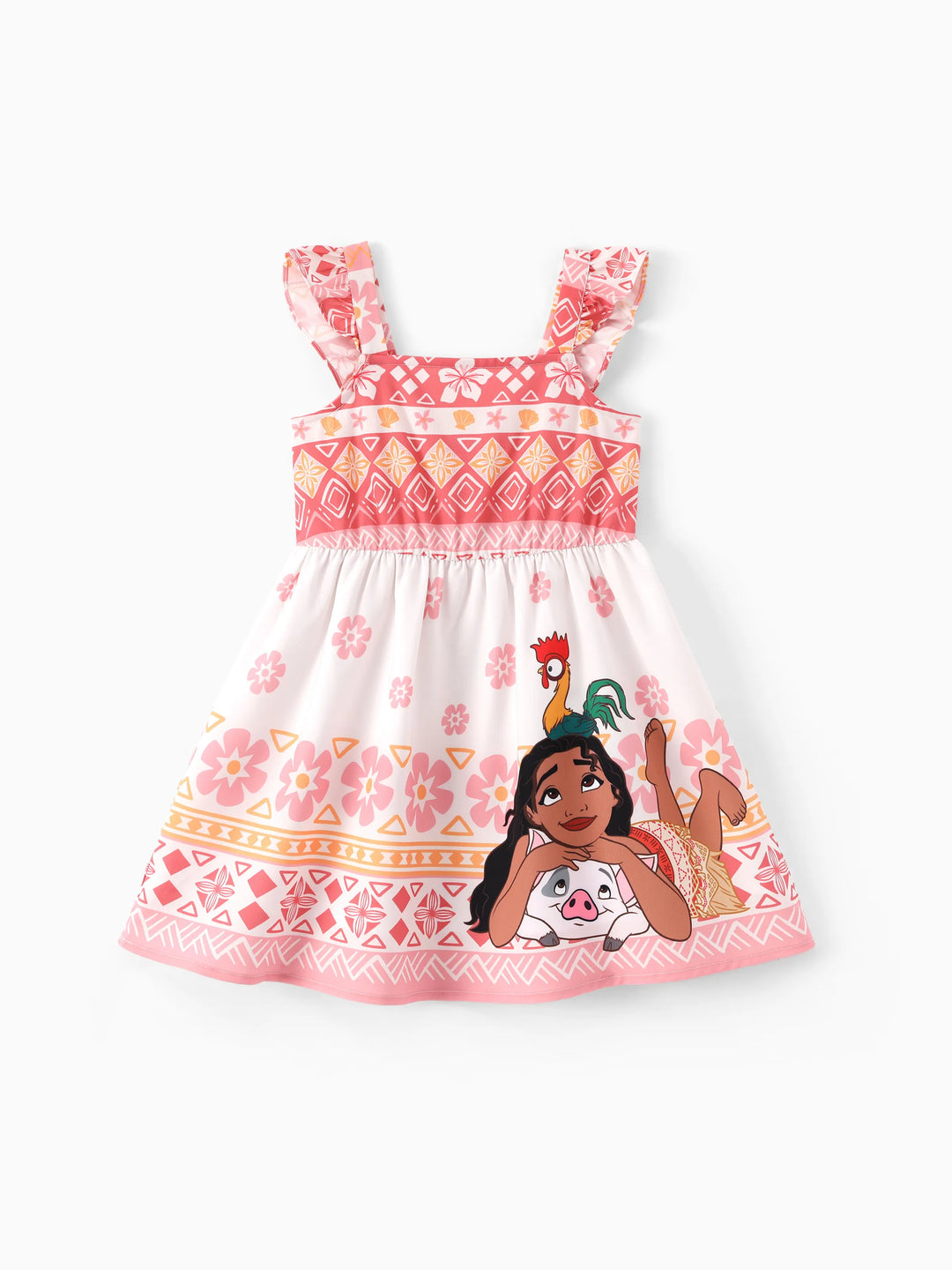 Disney Princess Mommy and Me Moana Floral Dresses with Ruffle Straps for Summer Family Outings & Photos Pink