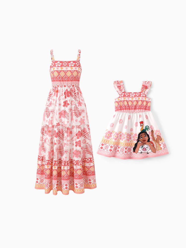 Disney Princess Mommy and Me Moana Floral Dresses with Ruffle Straps for Summer Family Outings & Photos Pink