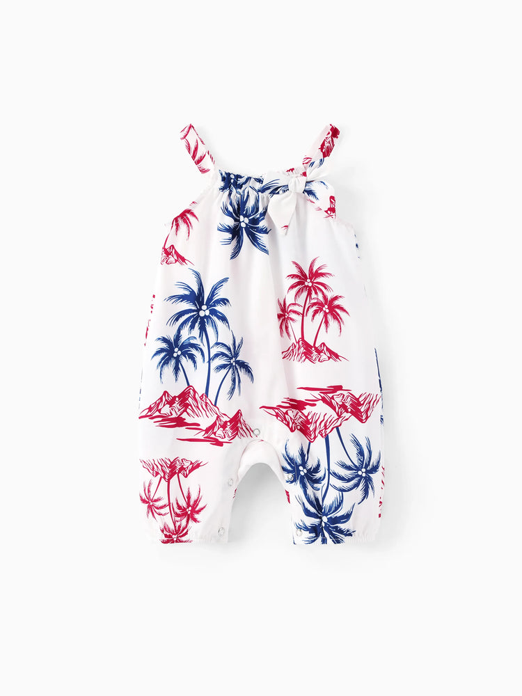 Independence Day Matching Family Outfits Red & Blue Palm Tree Print Hawaiian Vacation Clothes Summer Beach Shirt & Dress Set Multi-color