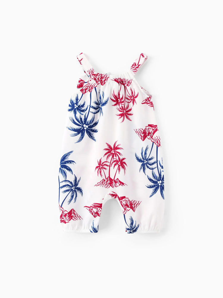 Independence Day Matching Family Outfits Red & Blue Palm Tree Print Hawaiian Vacation Clothes Summer Beach Shirt & Dress Set Multi-color