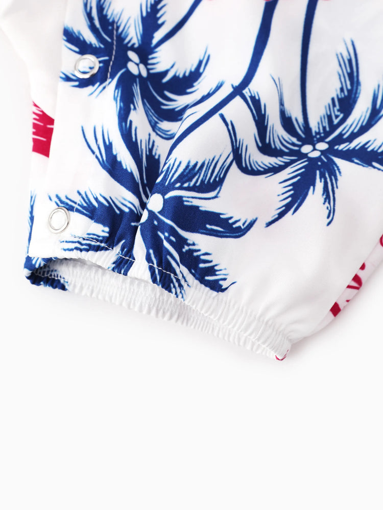 Independence Day Matching Family Outfits Red & Blue Palm Tree Print Hawaiian Vacation Clothes Summer Beach Shirt & Dress Set Multi-color