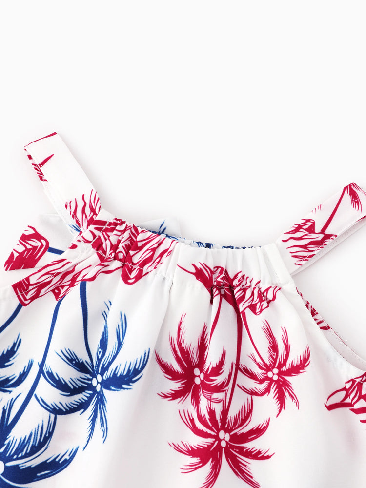 Independence Day Matching Family Outfits Red & Blue Palm Tree Print Hawaiian Vacation Clothes Summer Beach Shirt & Dress Set Multi-color