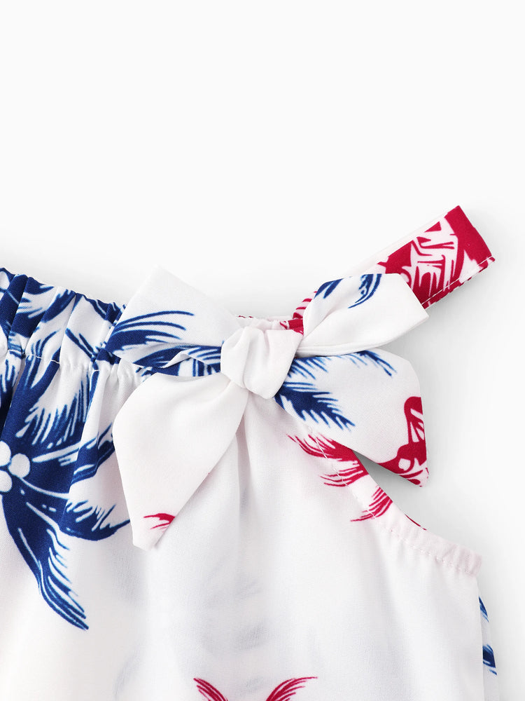 Independence Day Matching Family Outfits Red & Blue Palm Tree Print Hawaiian Vacation Clothes Summer Beach Shirt & Dress Set Multi-color