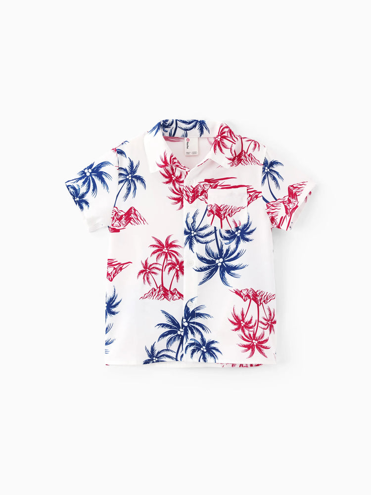 Independence Day Matching Family Outfits Red & Blue Palm Tree Print Hawaiian Vacation Clothes Summer Beach Shirt & Dress Set Multi-color