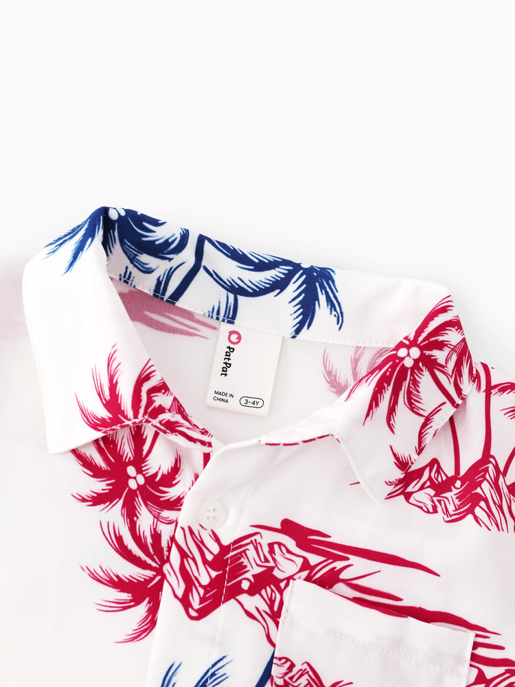 Independence Day Matching Family Outfits Red & Blue Palm Tree Print Hawaiian Vacation Clothes Summer Beach Shirt & Dress Set Multi-color