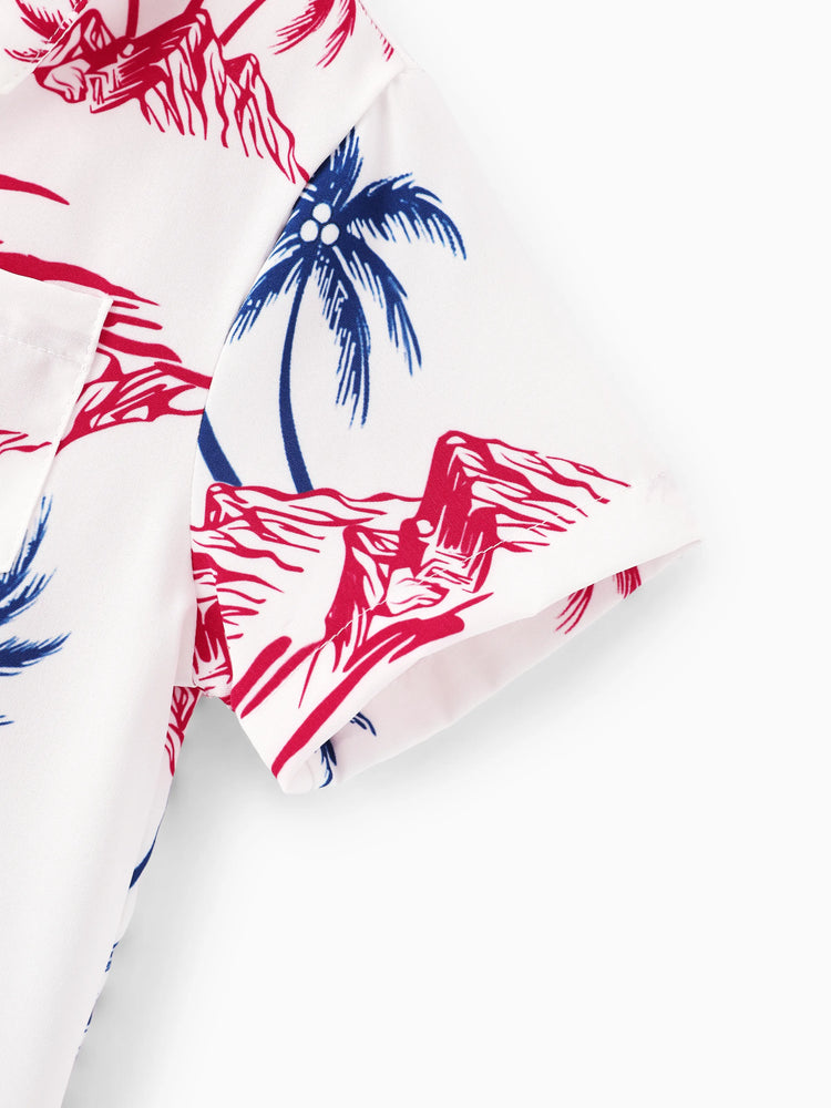 Independence Day Matching Family Outfits Red & Blue Palm Tree Print Hawaiian Vacation Clothes Summer Beach Shirt & Dress Set Multi-color