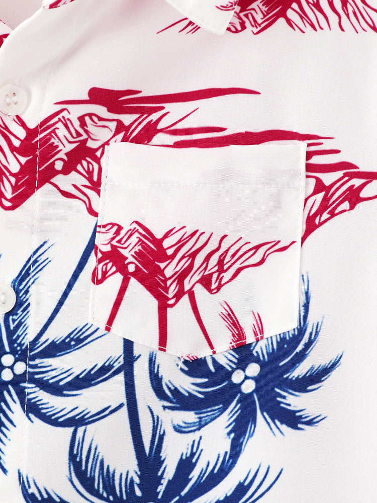 Independence Day Matching Family Outfits Red & Blue Palm Tree Print Hawaiian Vacation Clothes Summer Beach Shirt & Dress Set Multi-color