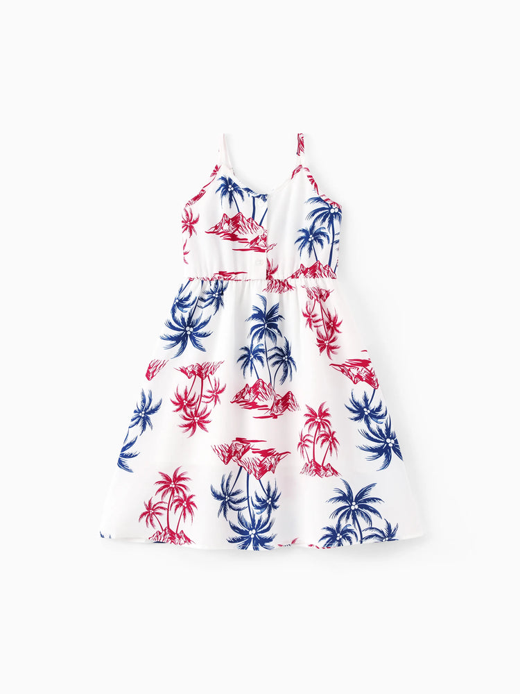 Independence Day Matching Family Outfits Red & Blue Palm Tree Print Hawaiian Vacation Clothes Summer Beach Shirt & Dress Set Multi-color