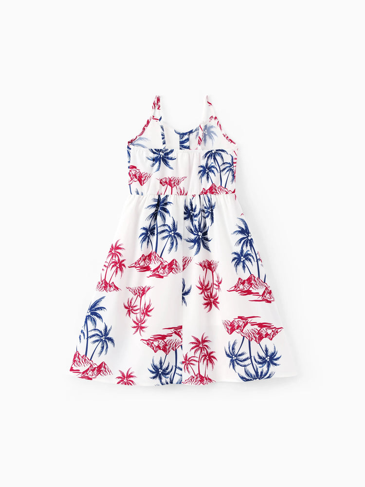 Independence Day Matching Family Outfits Red & Blue Palm Tree Print Hawaiian Vacation Clothes Summer Beach Shirt & Dress Set Multi-color