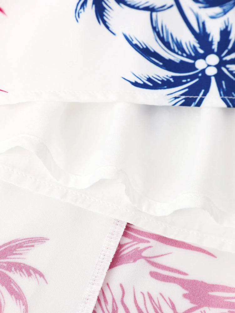 Independence Day Matching Family Outfits Red & Blue Palm Tree Print Hawaiian Vacation Clothes Summer Beach Shirt & Dress Set Multi-color