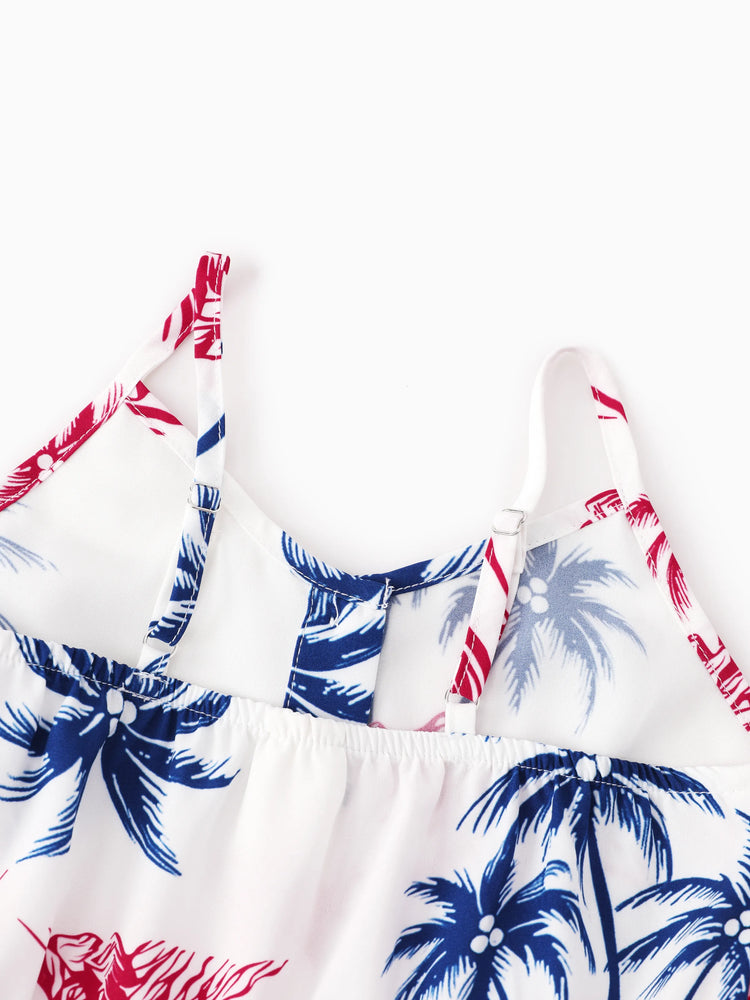 Independence Day Matching Family Outfits Red & Blue Palm Tree Print Hawaiian Vacation Clothes Summer Beach Shirt & Dress Set Multi-color