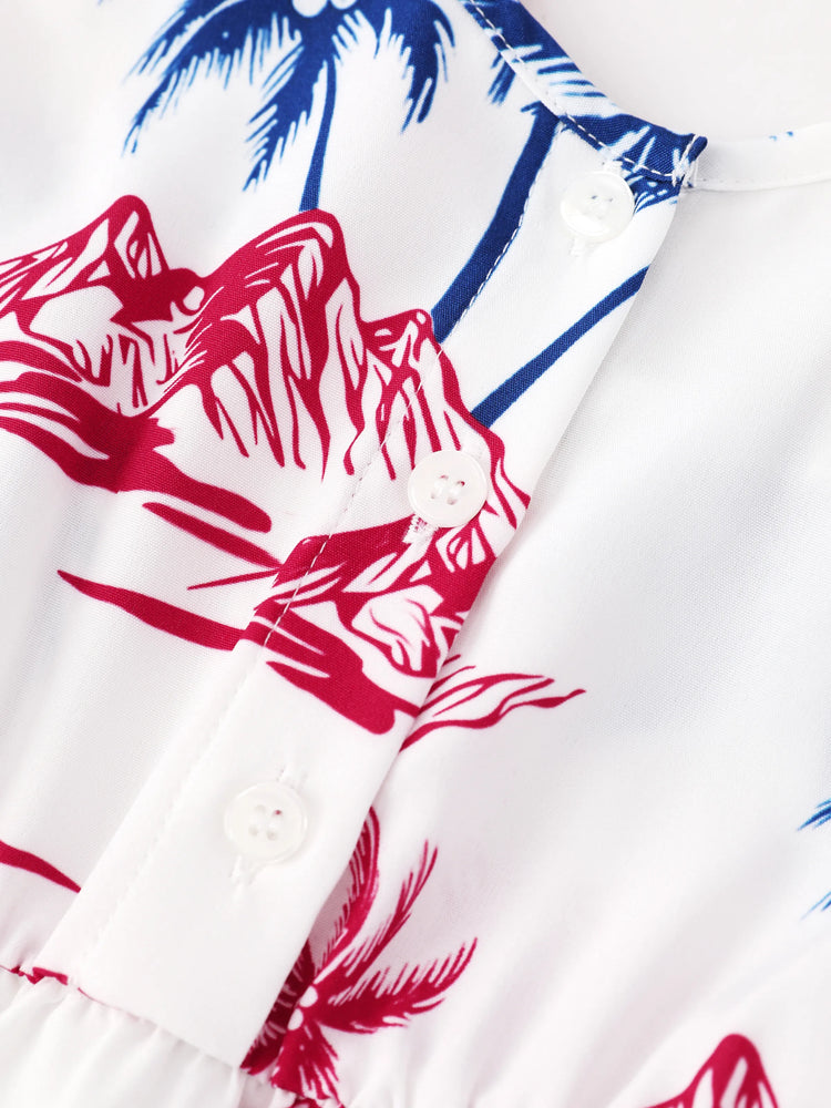 Independence Day Matching Family Outfits Red & Blue Palm Tree Print Hawaiian Vacation Clothes Summer Beach Shirt & Dress Set Multi-color