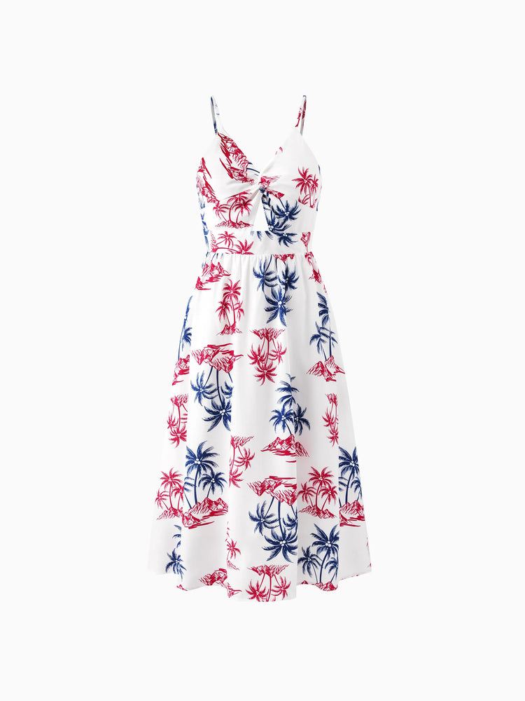 Independence Day Matching Family Outfits Red & Blue Palm Tree Print Hawaiian Vacation Clothes Summer Beach Shirt & Dress Set Multi-color