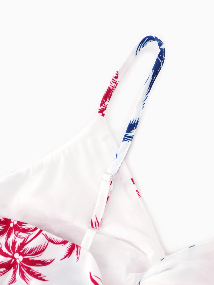 Independence Day Matching Family Outfits Red & Blue Palm Tree Print Hawaiian Vacation Clothes Summer Beach Shirt & Dress Set Multi-color