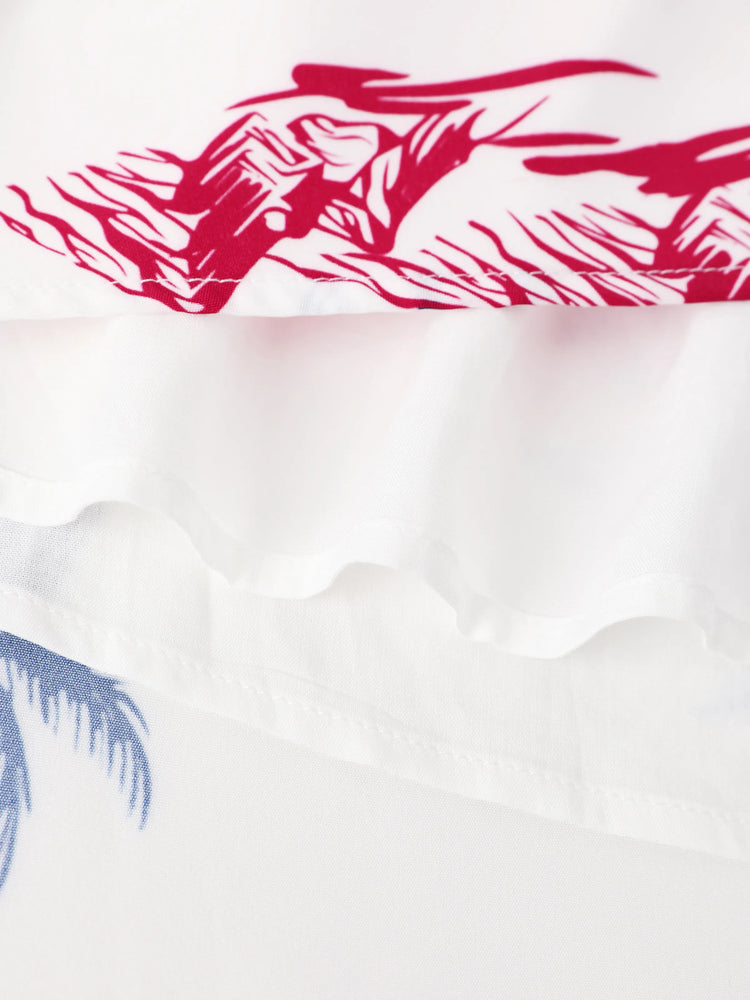 Independence Day Matching Family Outfits Red & Blue Palm Tree Print Hawaiian Vacation Clothes Summer Beach Shirt & Dress Set Multi-color