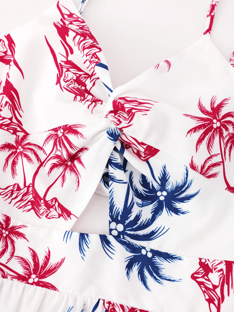 Independence Day Matching Family Outfits Red & Blue Palm Tree Print Hawaiian Vacation Clothes Summer Beach Shirt & Dress Set Multi-color