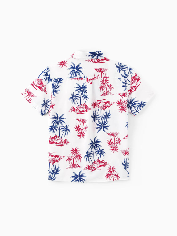 Independence Day Matching Family Outfits Red & Blue Palm Tree Print Hawaiian Vacation Clothes Summer Beach Shirt & Dress Set Multi-color