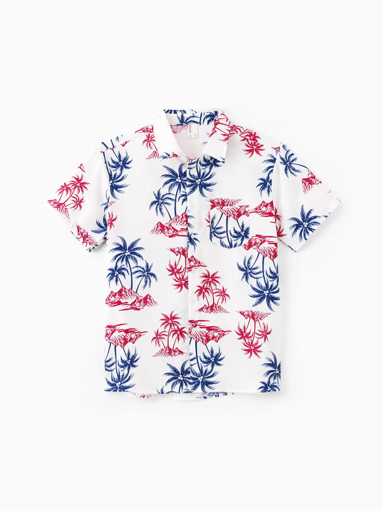 Independence Day Matching Family Outfits Red & Blue Palm Tree Print Hawaiian Vacation Clothes Summer Beach Shirt & Dress Set Multi-color