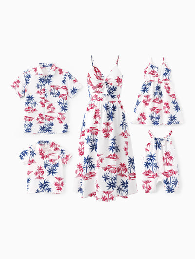 Tenues assorties famille pour le Jour de l'Indépendance avec imprimé palmiers rouges et bleus Vêtements de vacances hawaïens Ensemble chemise et robe d'été pour la plage Multicolore
