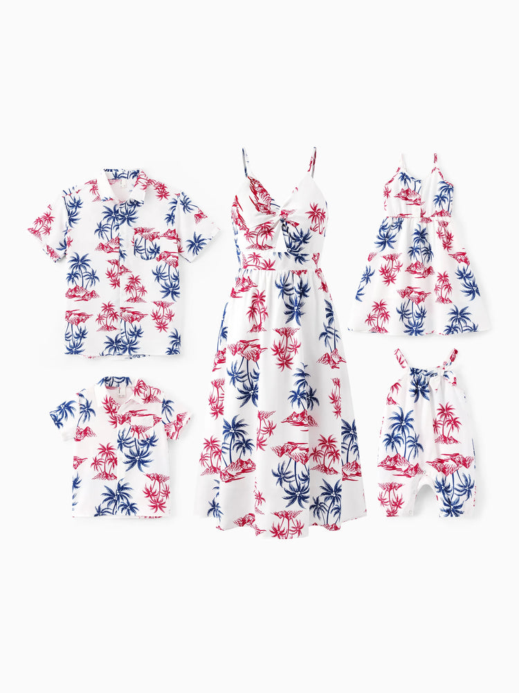 Independence Day Matching Family Outfits Red & Blue Palm Tree Print Hawaiian Vacation Clothes Summer Beach Shirt & Dress Set Multi-color