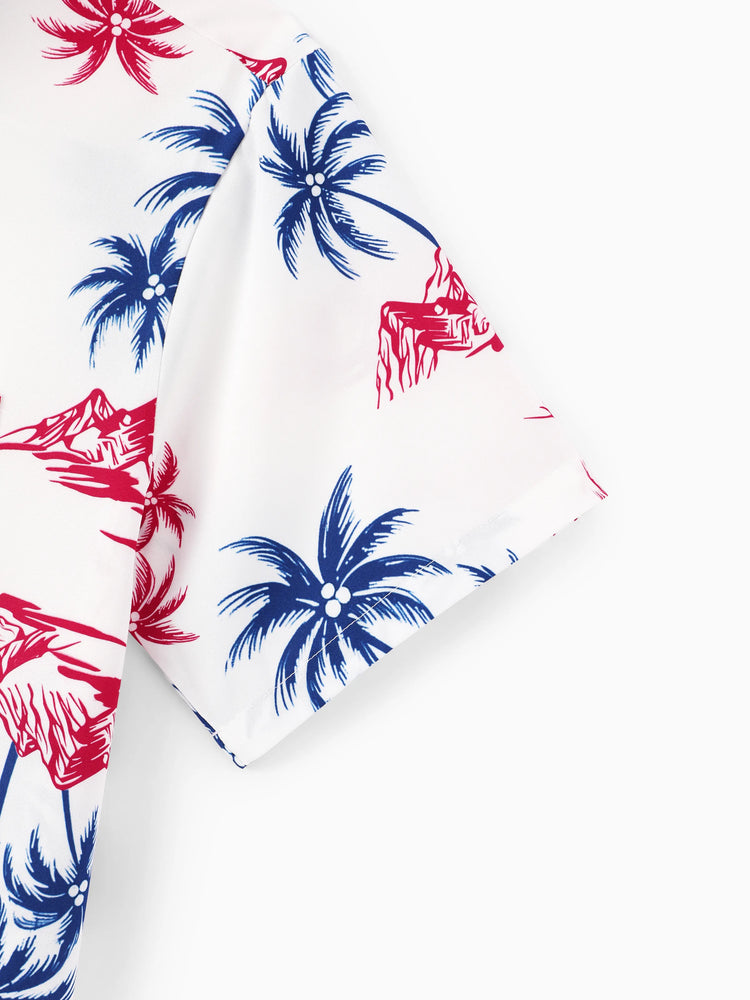 Independence Day Matching Family Outfits Red & Blue Palm Tree Print Hawaiian Vacation Clothes Summer Beach Shirt & Dress Set Multi-color
