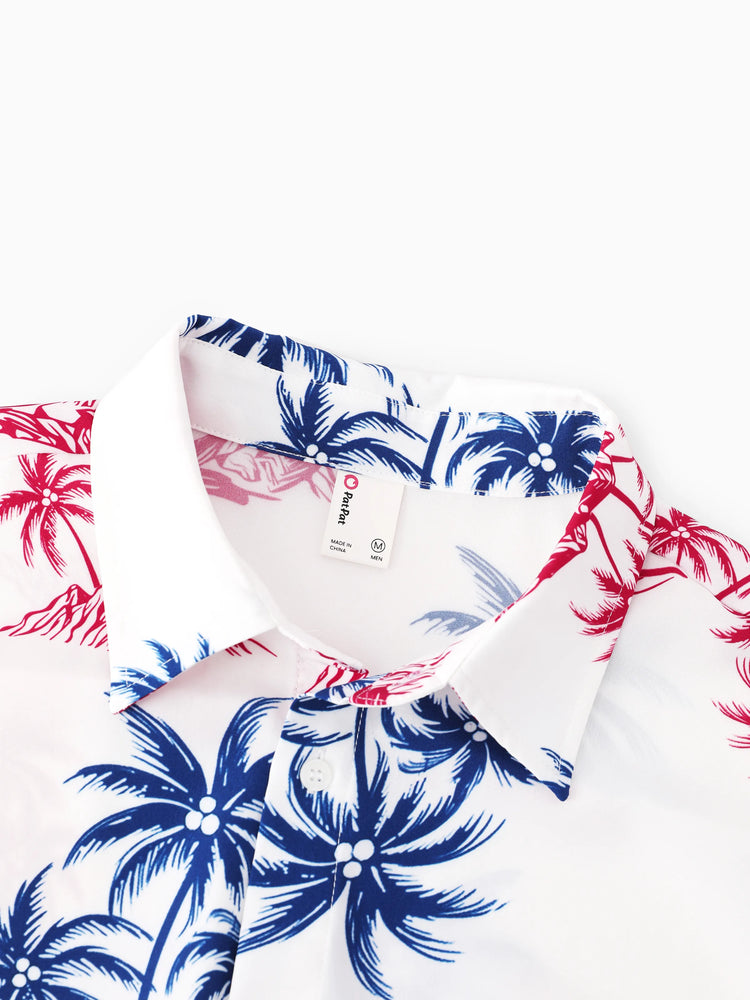Independence Day Matching Family Outfits Red & Blue Palm Tree Print Hawaiian Vacation Clothes Summer Beach Shirt & Dress Set Multi-color