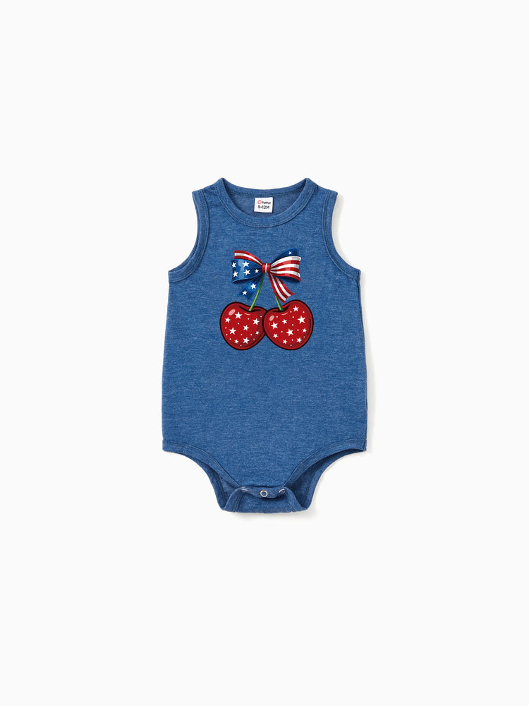 Independence Day Mommy and Me Patriotic Cherry Print Casual Sleeveless Dress Blue