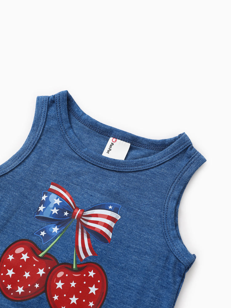 Independence Day Mommy and Me Patriotic Cherry Print Casual Sleeveless Dress Blue
