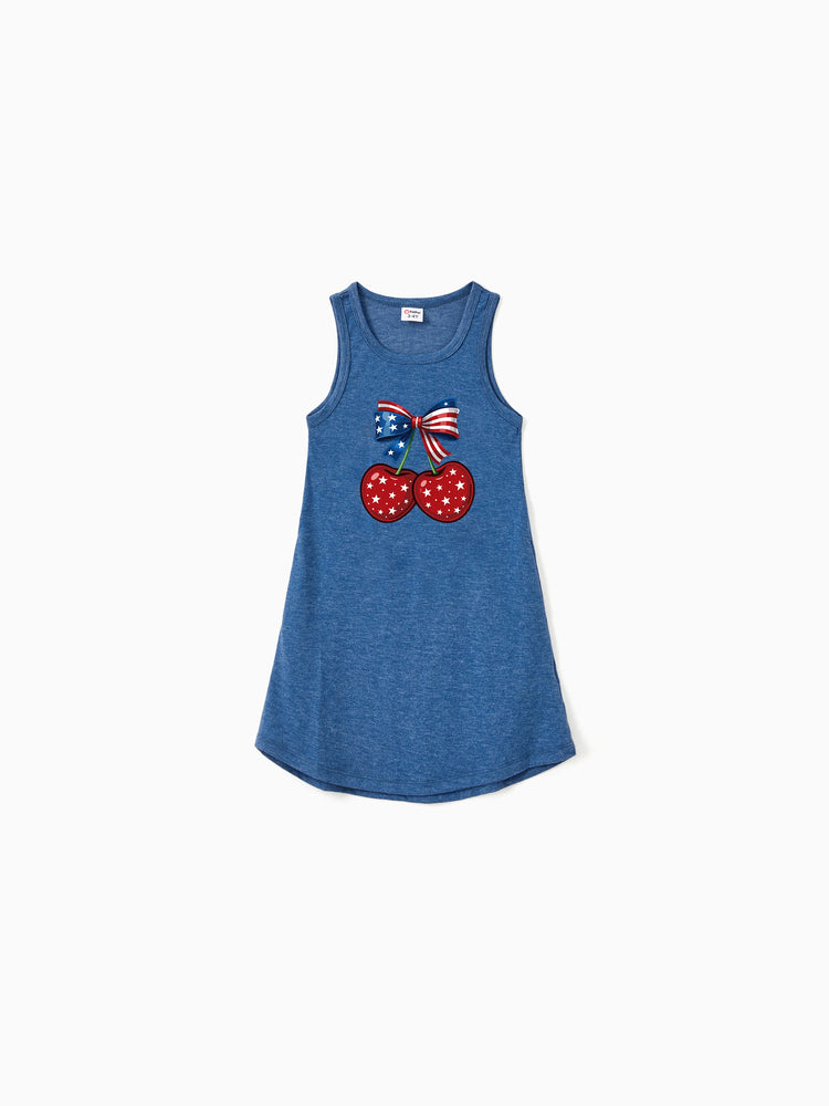 Independence Day Mommy and Me Patriotic Cherry Print Casual Sleeveless Dress Blue