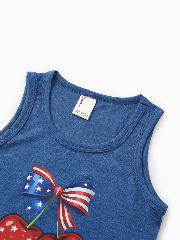 Independence Day Mommy and Me Patriotic Cherry Print Casual Sleeveless Dress Blue