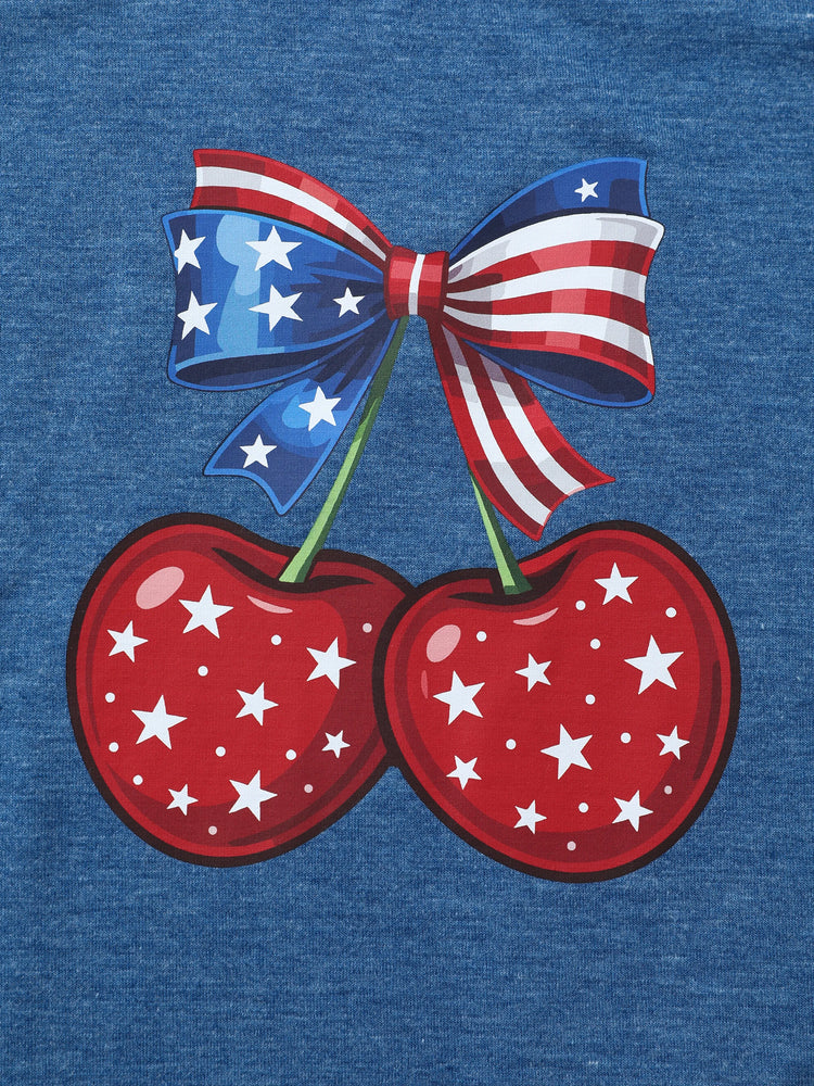 Independence Day Mommy and Me Patriotic Cherry Print Casual Sleeveless Dress Blue