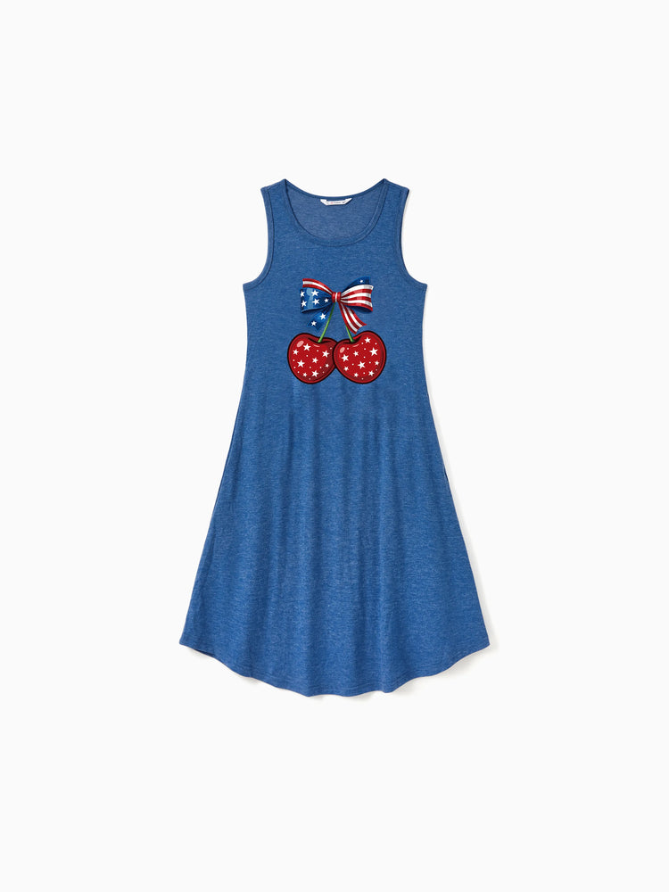 Independence Day Mommy and Me Patriotic Cherry Print Casual Sleeveless Dress Blue