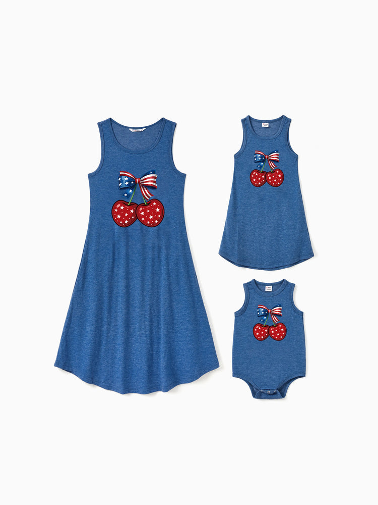 Independence Day Mommy and Me Patriotic Cherry Print Casual Sleeveless Dress Blue