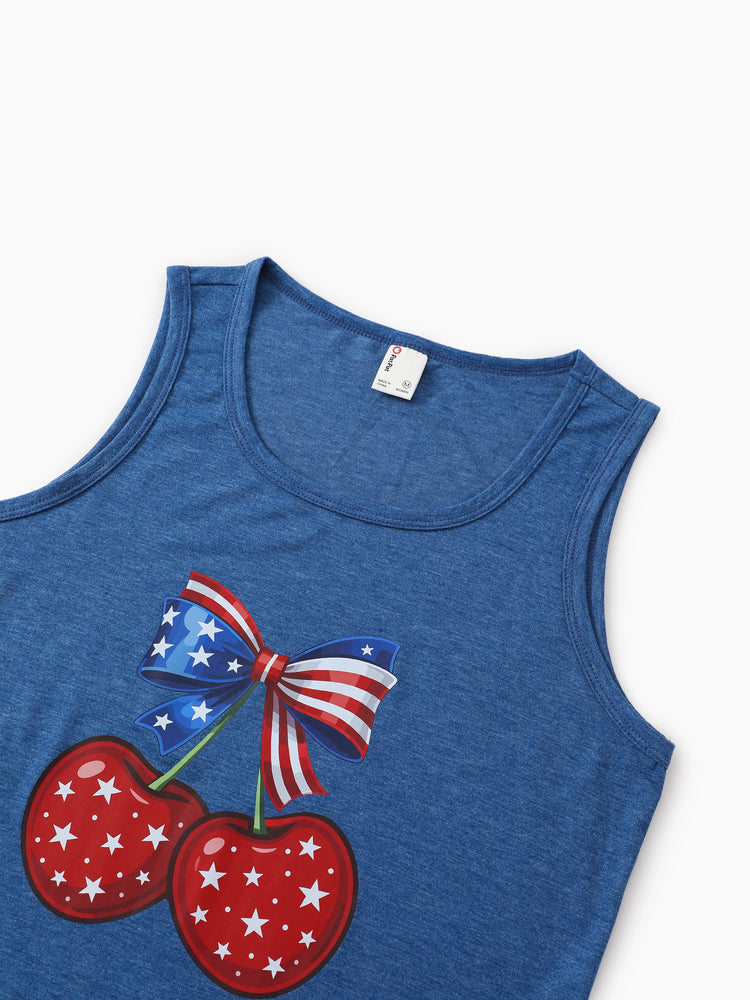 Independence Day Mommy and Me Patriotic Cherry Print Casual Sleeveless Dress Blue