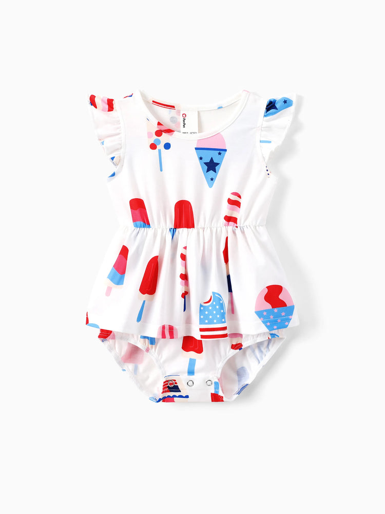 Independence Day Family Matching Patriotic Ice Cream Print Summer Cotton T-shirt & V-Neck Dresses White