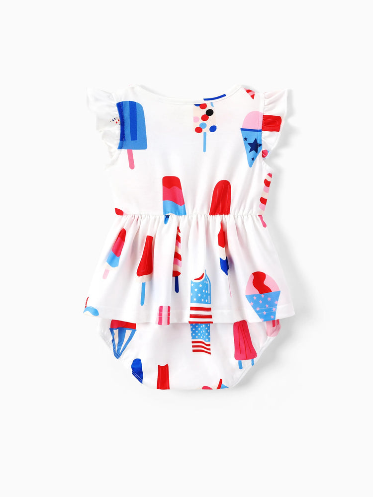 Independence Day Family Matching Patriotic Ice Cream Print Summer Cotton T-shirt & V-Neck Dresses White