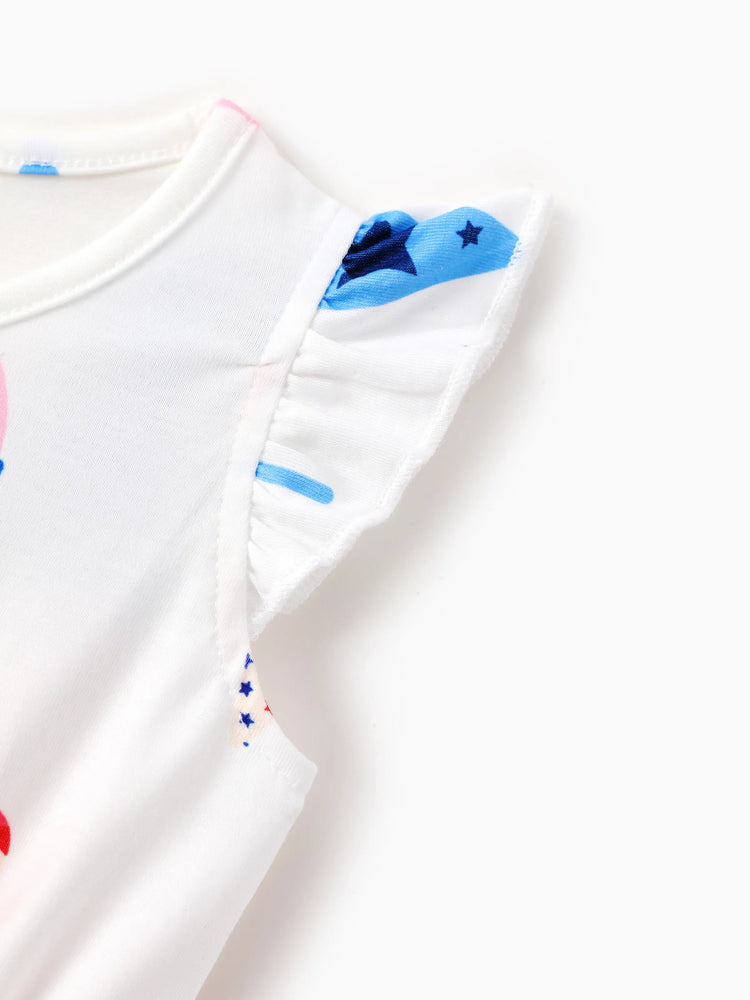 Independence Day Family Matching Patriotic Ice Cream Print Summer Cotton T-shirt & V-Neck Dresses White