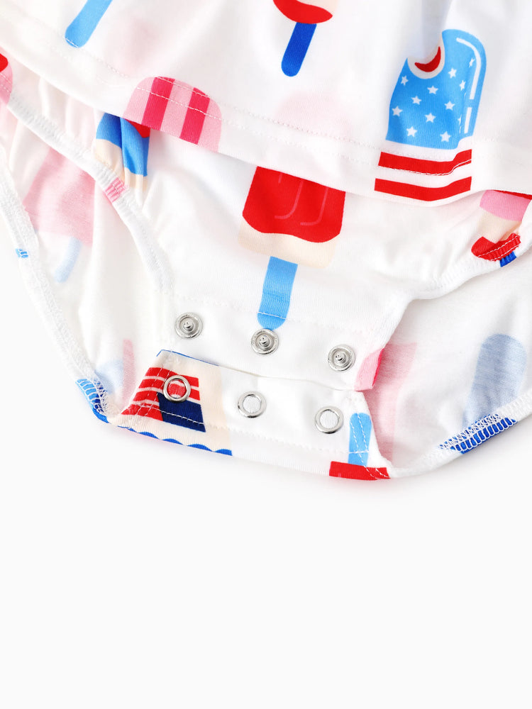 Independence Day Family Matching Patriotic Ice Cream Print Summer Cotton T-shirt & V-Neck Dresses White