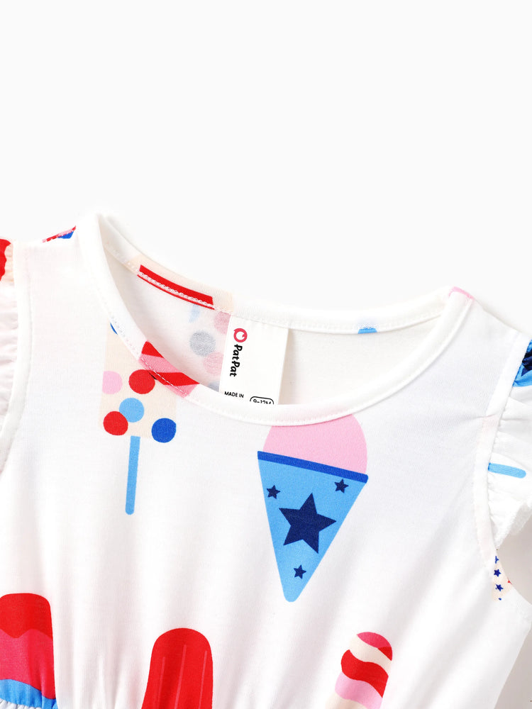 Independence Day Family Matching Patriotic Ice Cream Print Summer Cotton T-shirt & V-Neck Dresses White