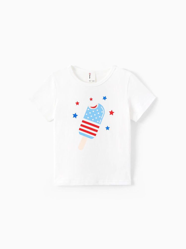 Independence Day Family Matching Patriotic Ice Cream Print Summer Cotton T-shirt & V-Neck Dresses White