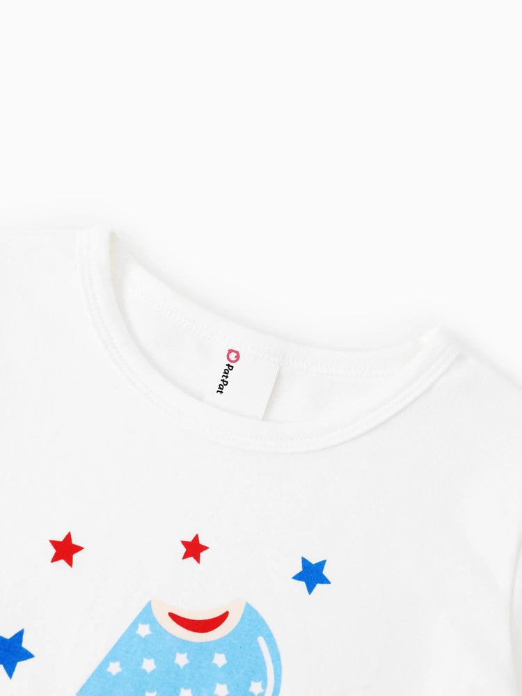 Independence Day Family Matching Patriotic Ice Cream Print Summer Cotton T-shirt & V-Neck Dresses White