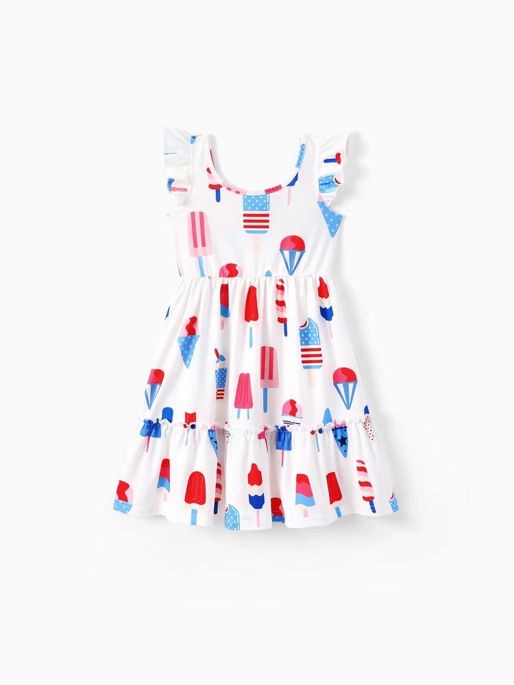 Independence Day Family Matching Patriotic Ice Cream Print Summer Cotton T-shirt & V-Neck Dresses White